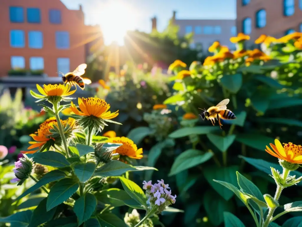 La polinización en huertos urbanos cobra vida con la vibrante escena de jardín, llena de flores, abejas y mariposas en movimiento