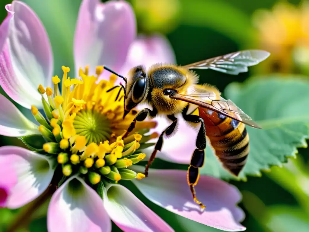 Un polinizador en acción: una abeja cubierta de polen amarillo vibrante en una flor rosa