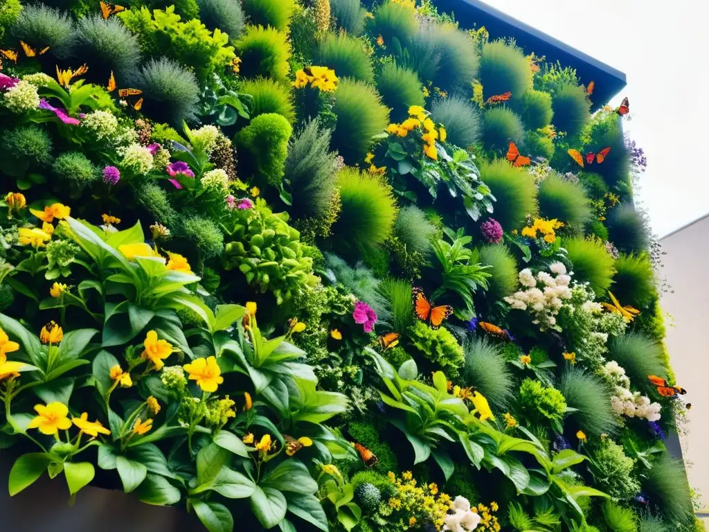 Polinizadores en huertos verticales urbanos: Jardín vertical vibrante con flores coloridas, abejas y mariposas en un entorno urbano soleado