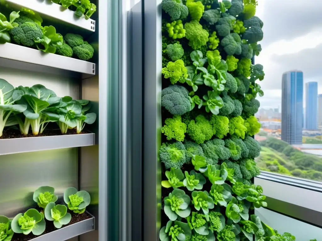 Un precioso huerto vertical rebosante de brotes de brócoli, con hojas verdes y flores blancas