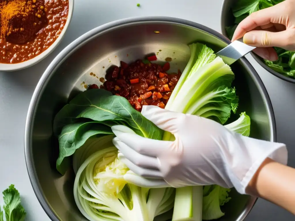 Preparación de Kimchi con repollo de acuaponía: Manos en guantes masajean mezcla vibrante en tazón de acero inoxidable