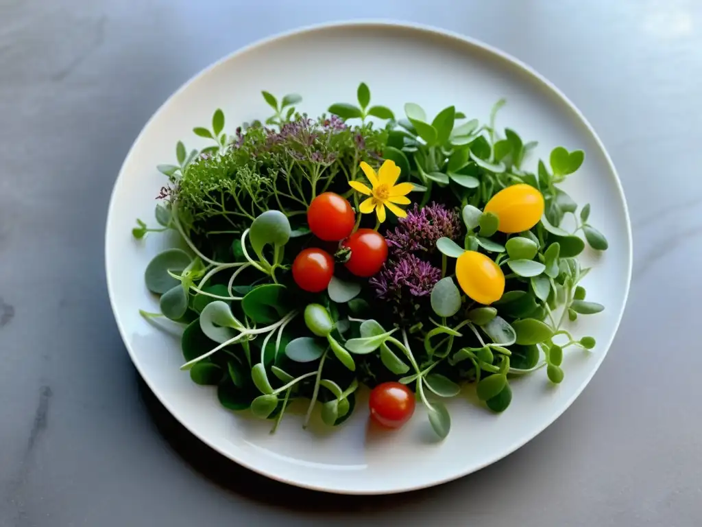 Una presentación elegante de productos acuaponía: microgreens, flores comestibles y tomates cherry frescos, en un impresionante arreglo visual