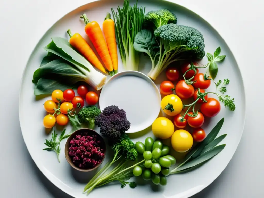 Una presentación elegante de productos de acuaponía: plato de vibrantes vegetales y hierbas, artísticamente dispuestos en armonía sobre fondo blanco