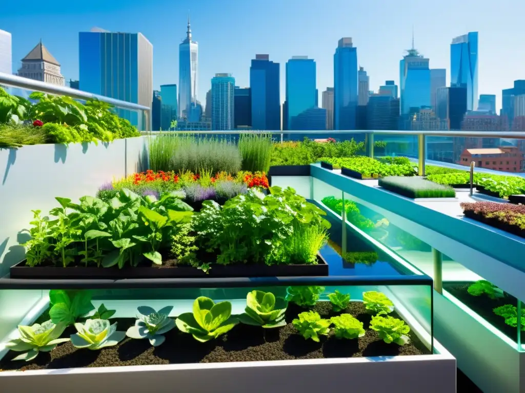 Solución problemas acuaponía urbana: Jardín urbano en la azotea con sistema acuaponía moderno, vegetales coloridos y peces vibrantes