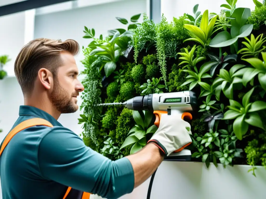 Instalación profesional de jardín vertical interior con taladro y guantes protectores en pared blanca