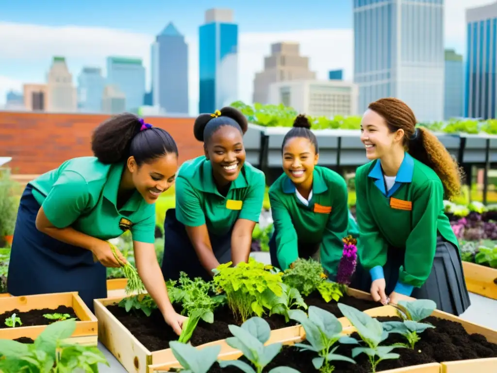 Programas de agricultura urbana escolar: Estudiantes en uniforme cultivan en un jardín verde en la azotea de la escuela, rodeados de edificios altos