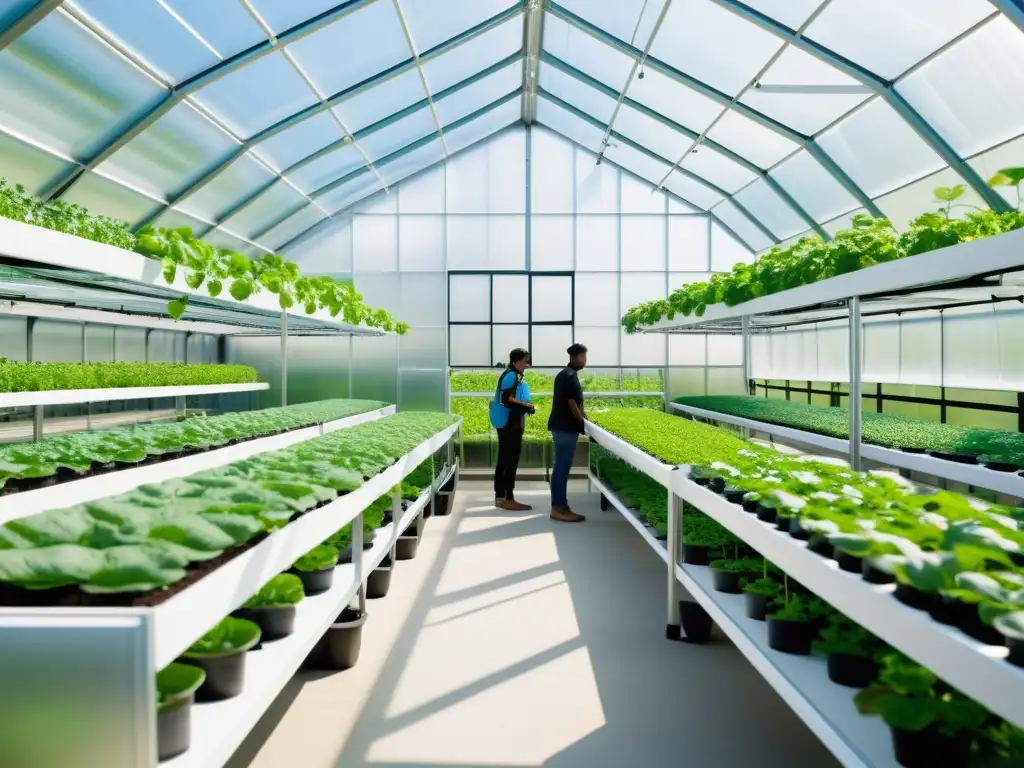 Programas de agricultura urbana escolar en invernadero escolar futurista con sistemas hidropónicos y acuapónicos, estudiantes trabajando juntos entre vegetación vibrante y diseño moderno, creando atmósfera inspiradora y serena