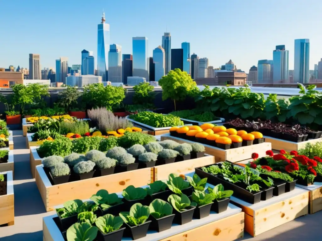 Programas de agricultura urbana en escuelas: Jardín urbano vibrante y bullicioso con plantas, frutas y verduras en un entorno urbano