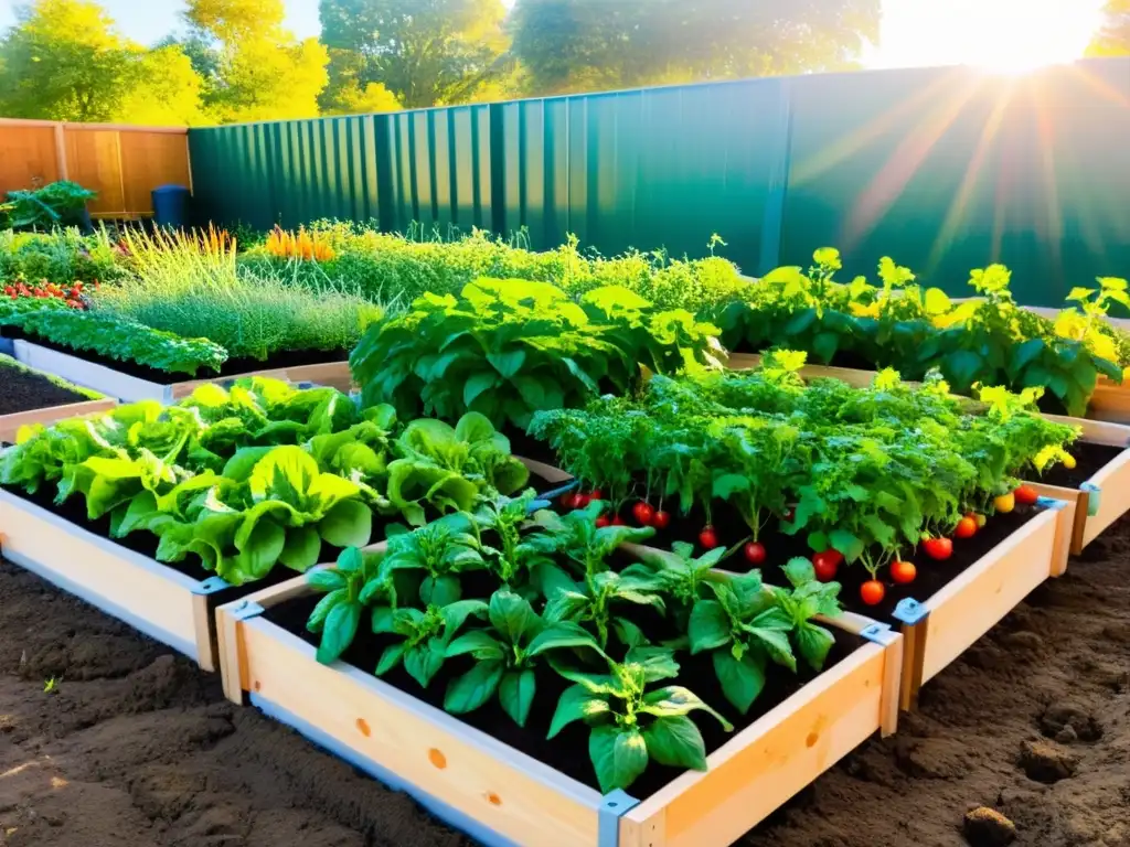 Programas agricultura urbana escuelas: Jardín escolar vibrante con vegetales coloridos, estudiantes y maestros cosechando y aprendiendo