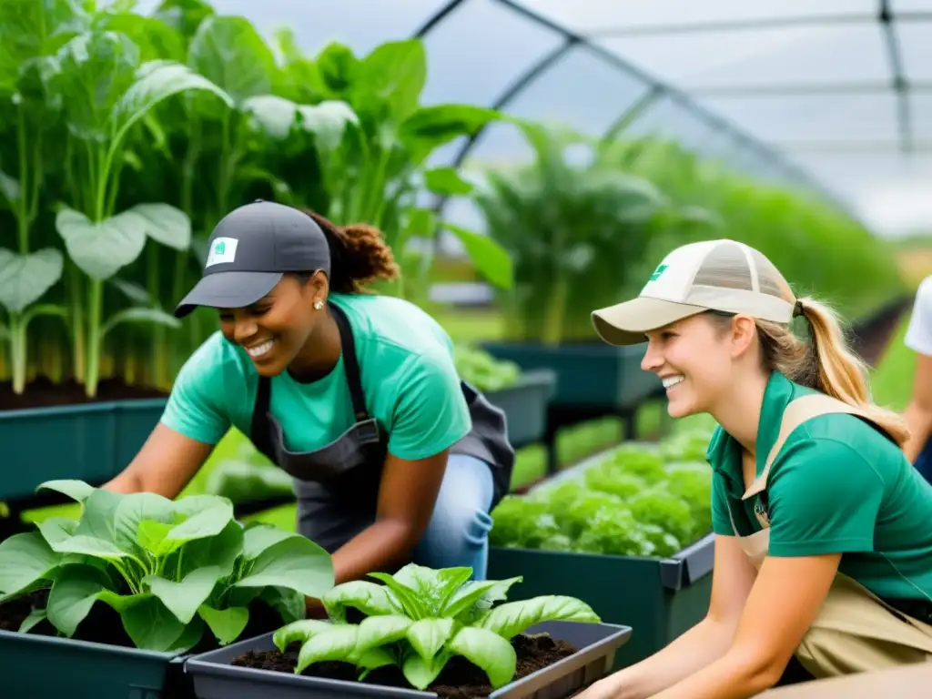 Programas de voluntariado en agricultura urbana: Jóvenes voluntarios trabajan juntos en un entorno vibrante, rodeados de plantas verdes y tecnología agrícola innovadora