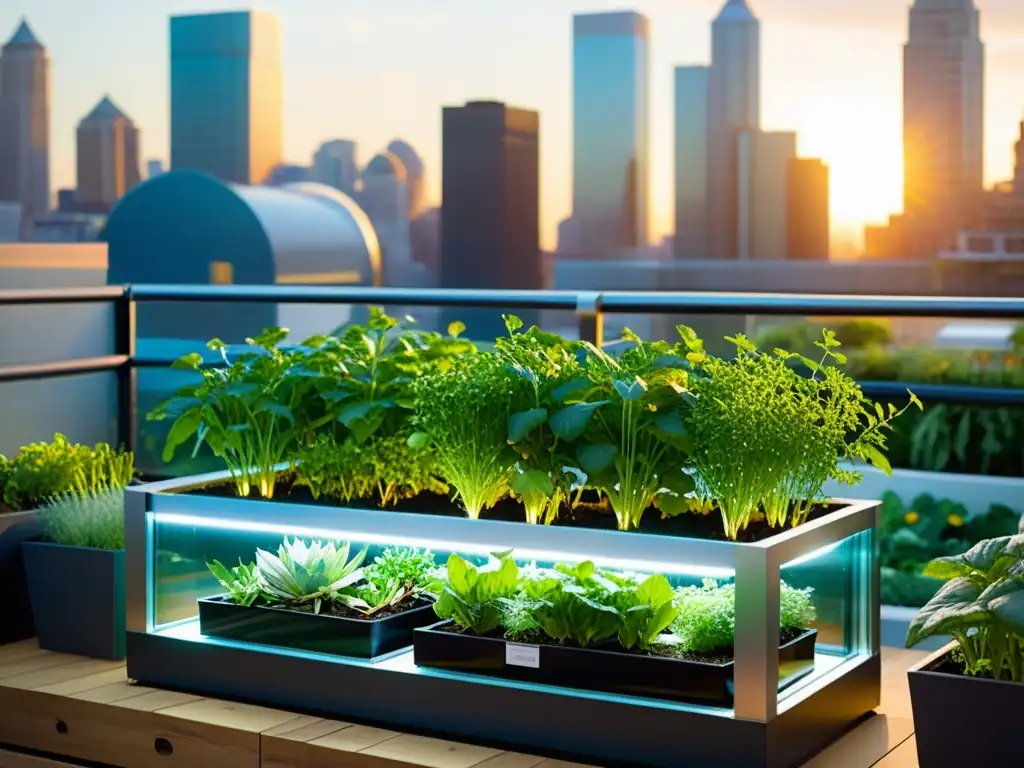 Una próspera acuaponía para agricultura urbana sostenible con vegetales y hierbas, en un jardín urbano moderno y vibrante