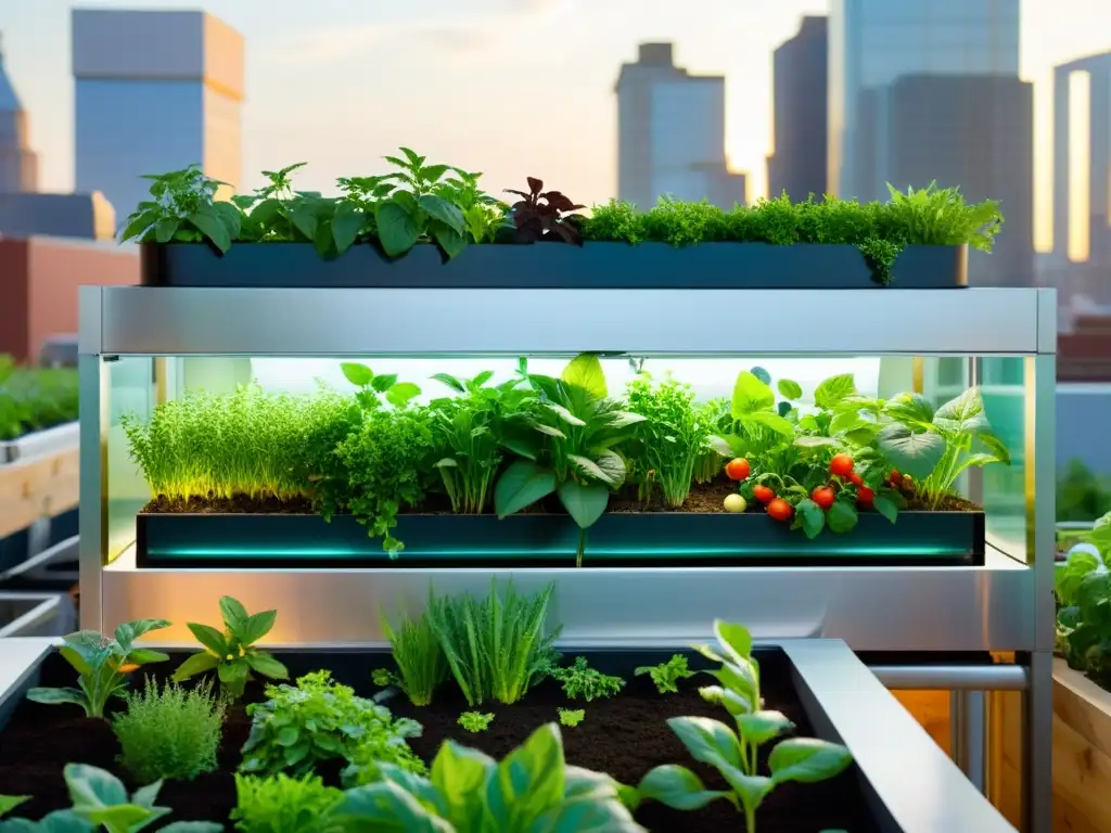 Una próspera azotea urbana con acuaponía en agricultura urbana, llena de plantas verdes y verduras vibrantes bajo la cálida luz del sol