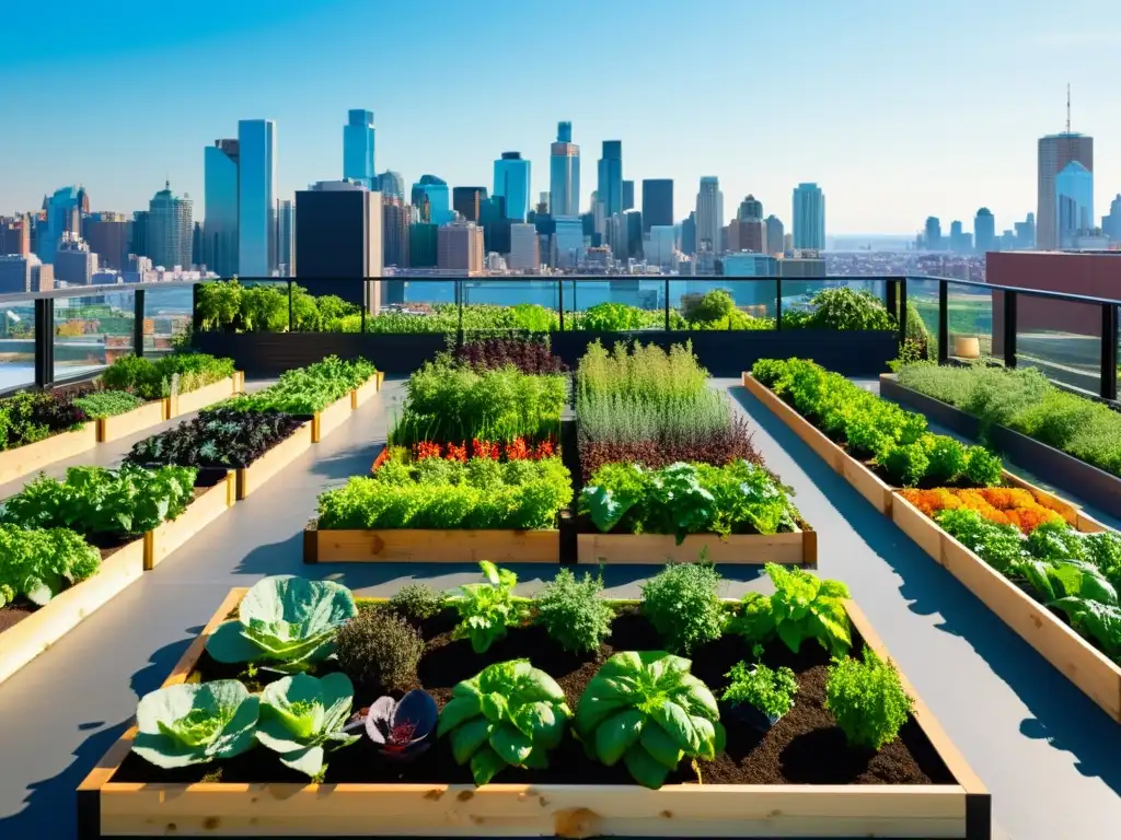 Una próspera huerta urbana llena de verduras y frutas vibrantes, bañada por cálida luz solar, mostrando casos de éxito agricultura urbana