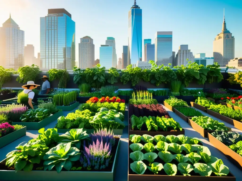 Una próspera huerta urbana llena de vegetales verdes y flores coloridas