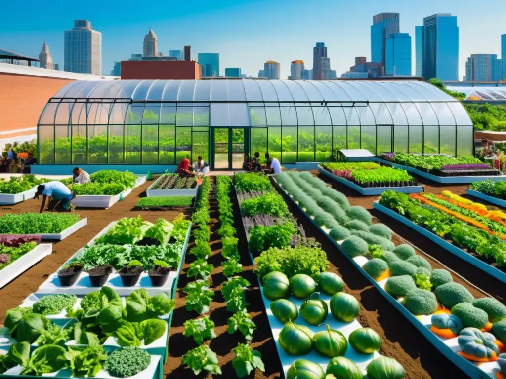 Una próspera huerta urbana orgánica con cultivos vibrantes y una estructura innovadora, destacando el éxito agricultura urbana orgánica