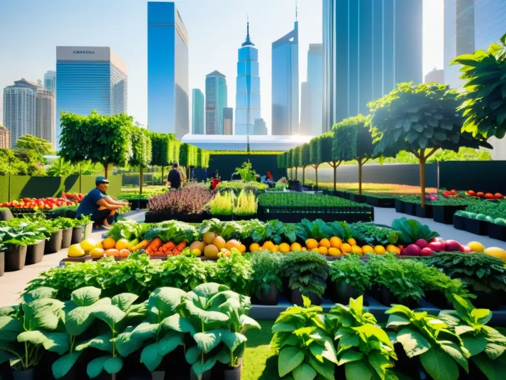 Una próspera y moderna ciudad con un jardín urbano exuberante en primer plano, reflejando la evolución de la historia de la agricultura urbana