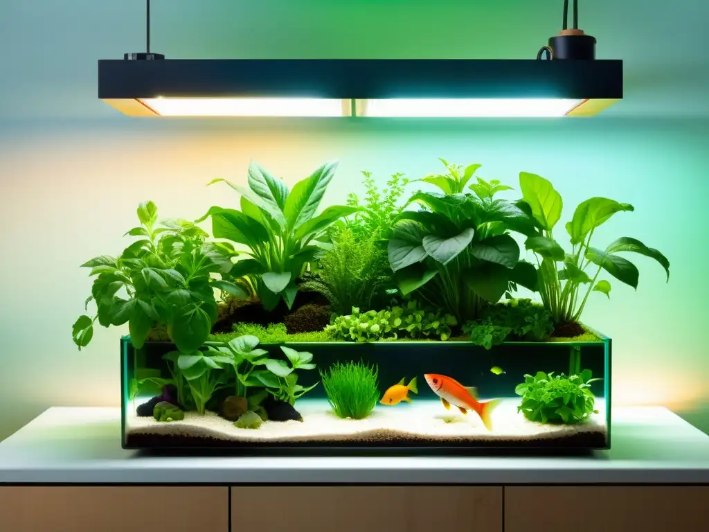 Una acuaponía próspera y moderna con plantas exuberantes y peces coloridos