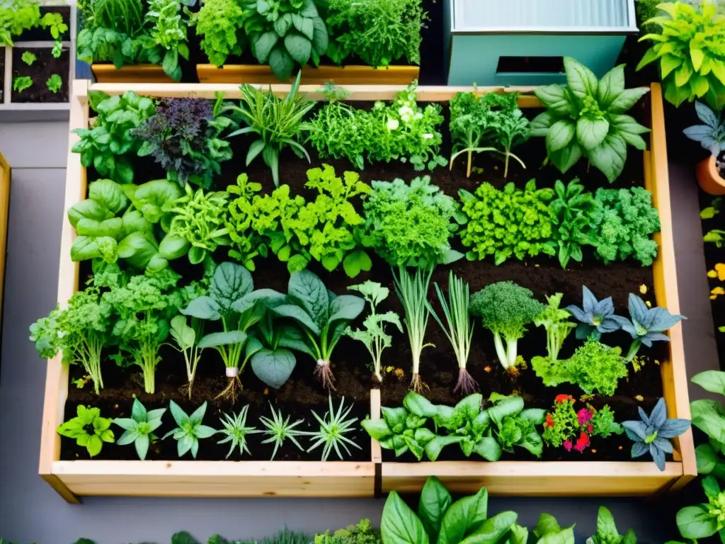 Un próspero huerto urbano lleno de vegetales, flores y hierbas, iluminado por el sol