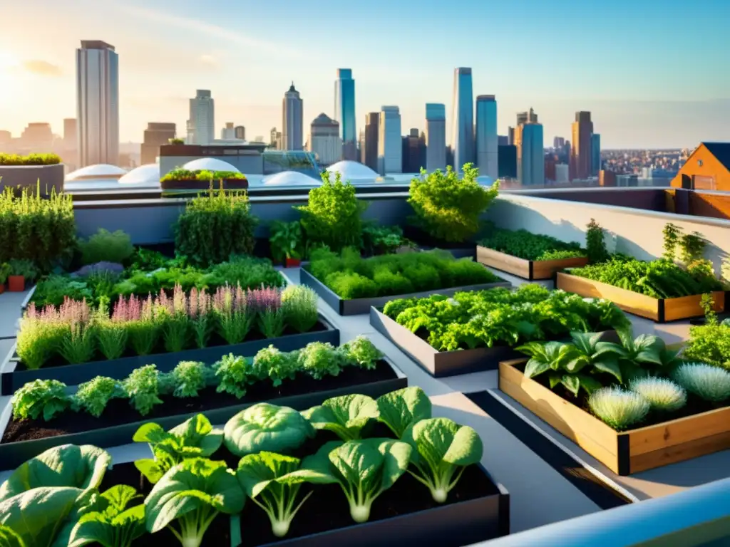 Un próspero huerto urbano con vegetales vibrantes y hierbas, integrado en la ciudad