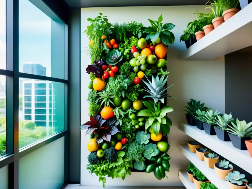 Un próspero huerto vertical rebosante de frutas, verduras y hierbas coloridas, bañado por una suave luz natural