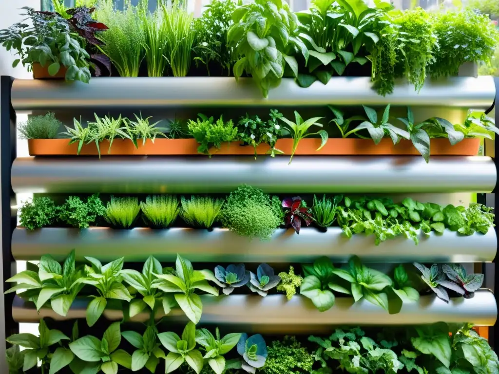 Un próspero huerto vertical con verduras y hierbas vibrantes y saludables, meticulosamente etiquetadas, iluminado por el sol urbano