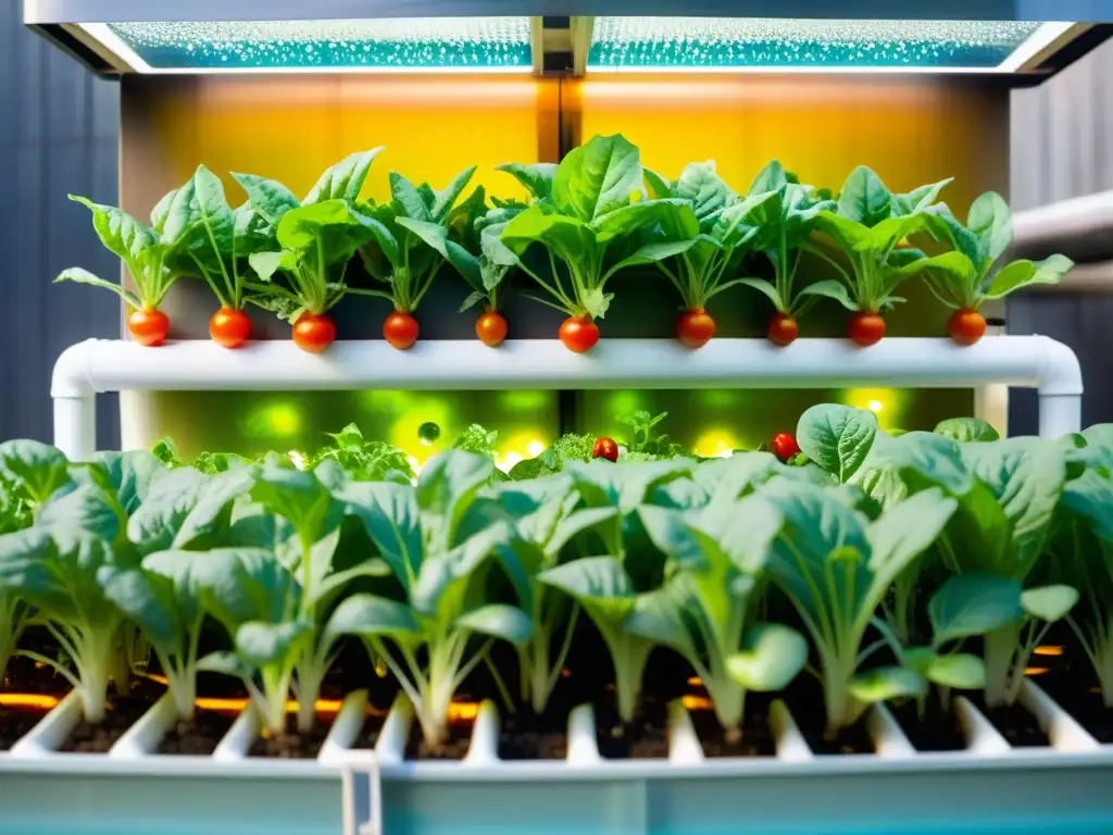 Un jardín acuapónico próspero, con lechugas verdes, tomates robustos y peces coloridos nadando en el agua