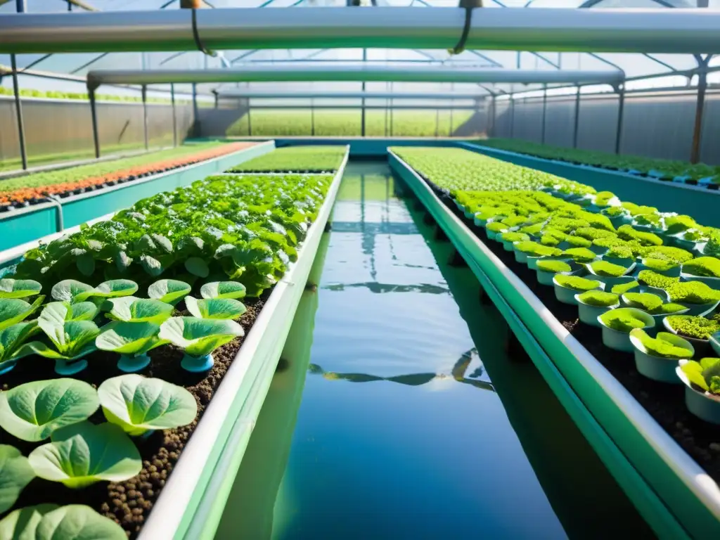 Un próspero sistema acuapónico con peces y vegetación, iluminado por el sol