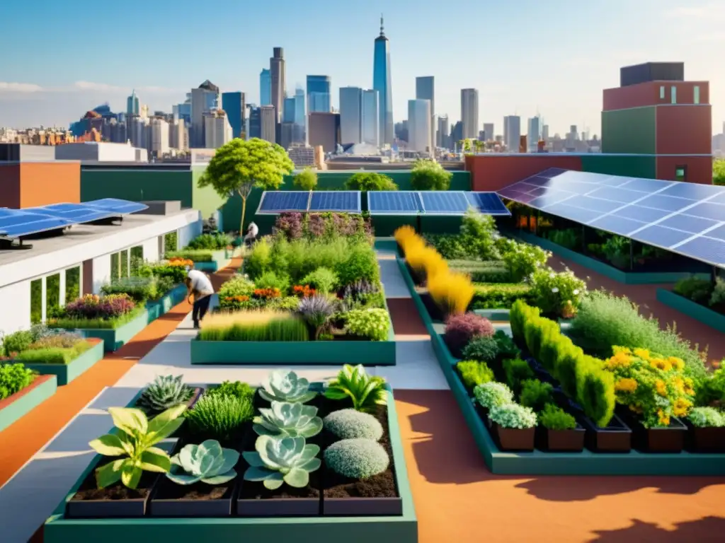 Proyecto colaborativo de agricultura urbana y energías renovables en un jardín en la azotea de la ciudad, con paneles solares y vegetación vibrante