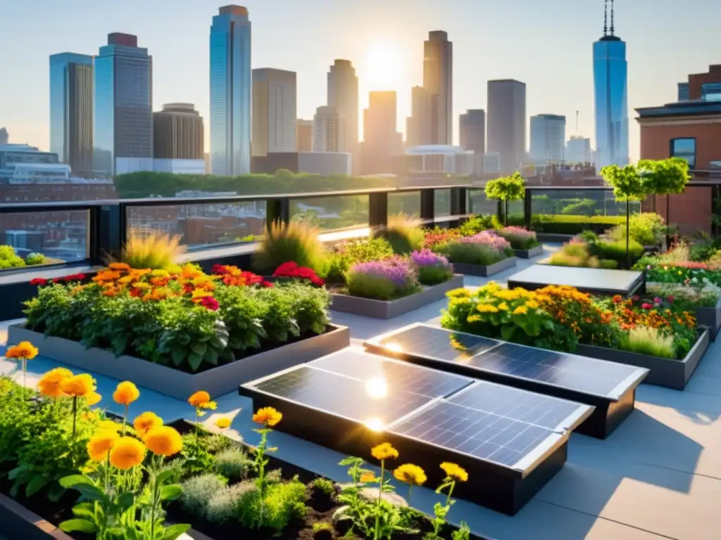 Proyectos colaborativos agricultura urbana energías renovables: Jardín en la azotea de la ciudad, integrando paneles solares y naturaleza en armonía