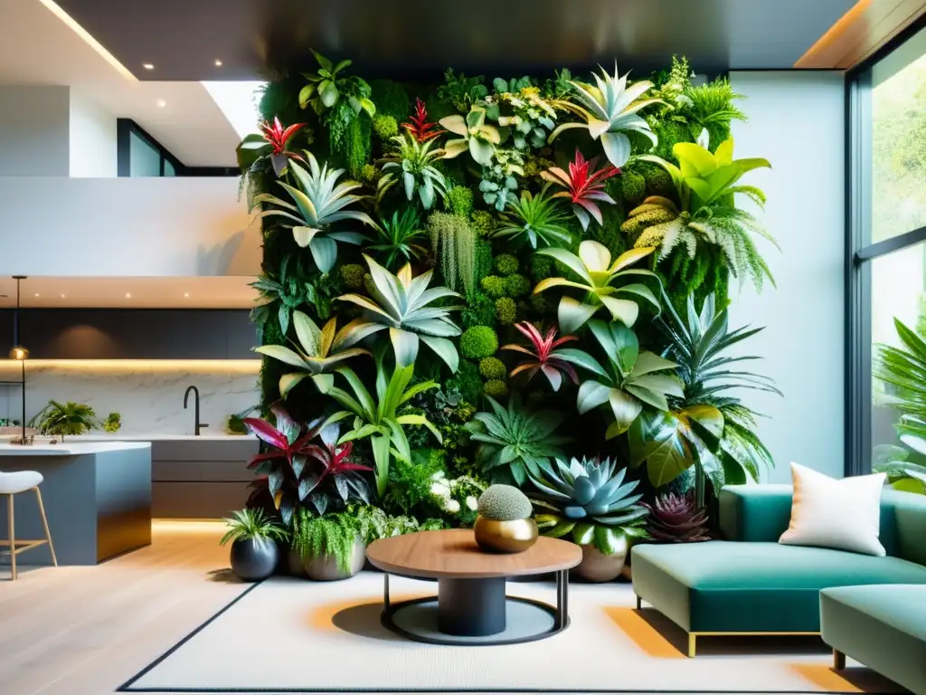 Proyectos de jardinería vertical familiar en moderno salón con jardines verticales vibrantes y exuberantes, integrados en diseño contemporáneo