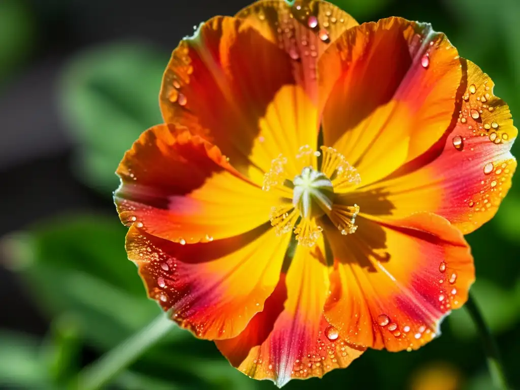 Una radiante amapola de California cubierta de gotas de agua, con detalles de estambres y pistilos, en un jardín urbano