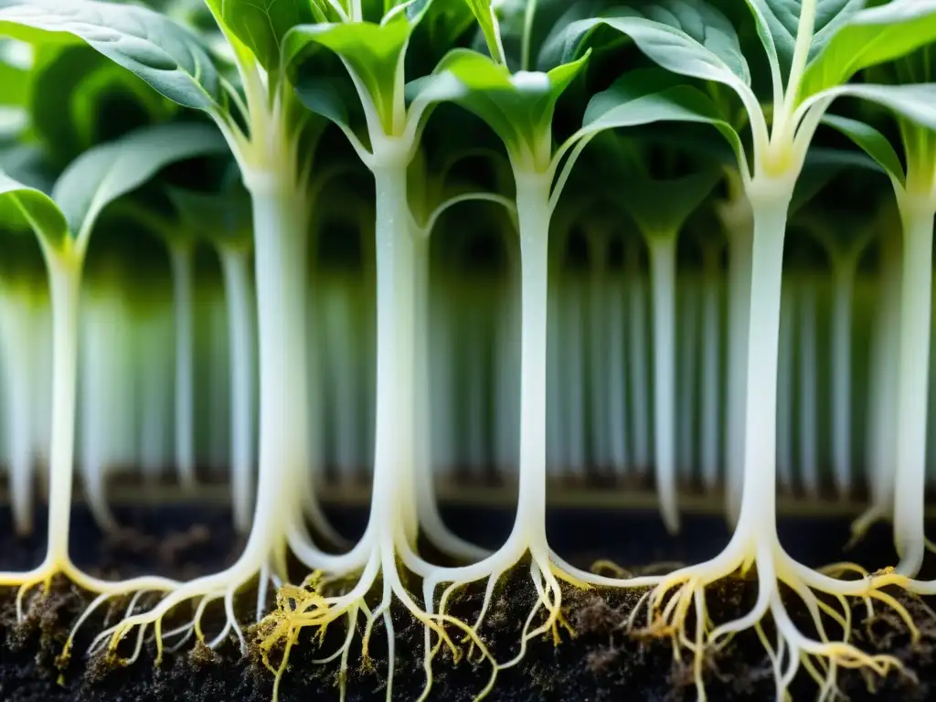 Raíces blancas y sanas de planta hidropónica brillan en agua rica en nutrientes, prevención enfermedades raíz acuaponía