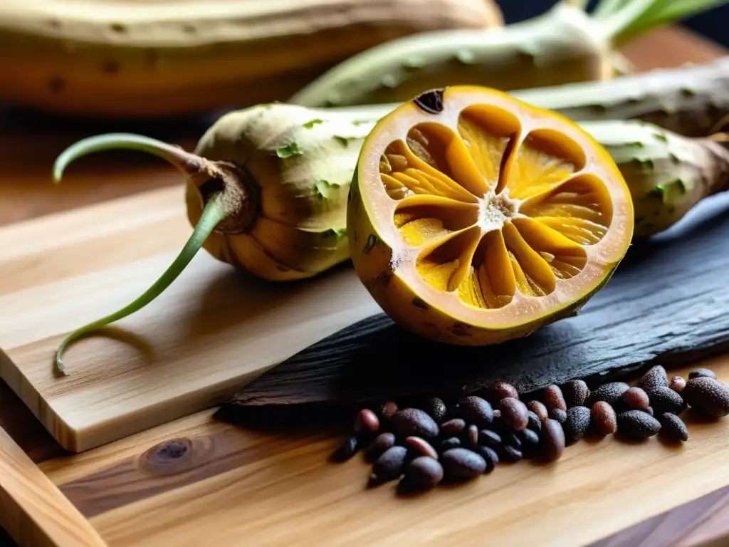 Raíces de cúrcuma y jengibre recién cosechadas en una tabla de cortar de madera, resaltando su frescura y belleza natural