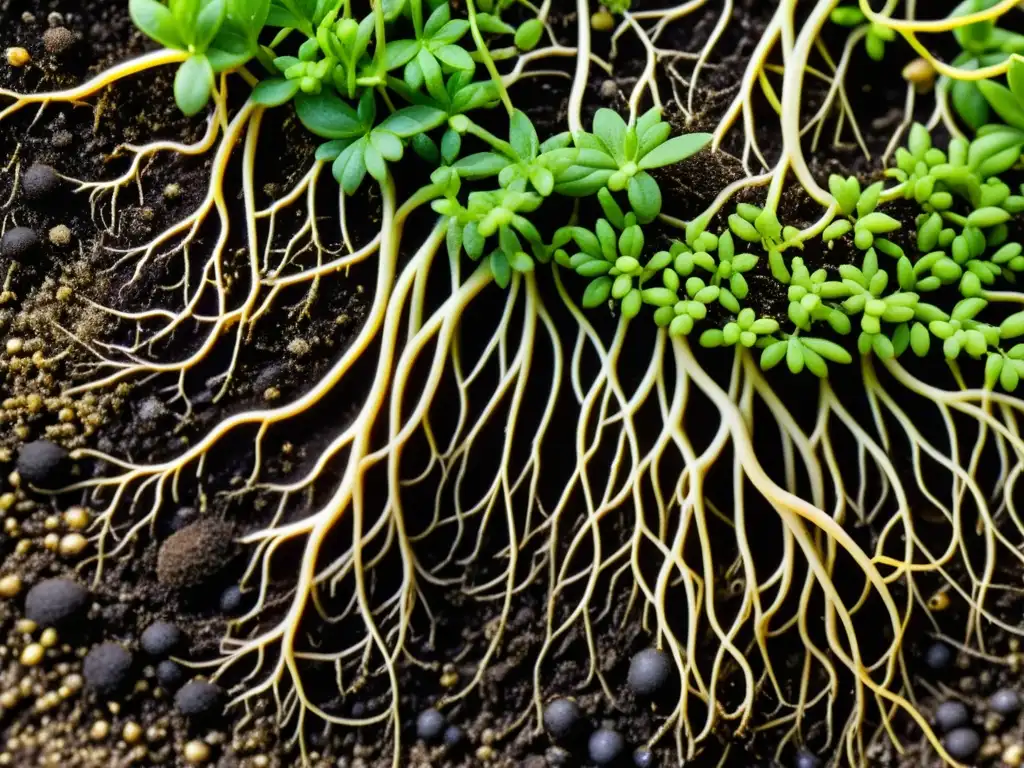 Raíces de planta sanas con comunidad microbiana beneficiosa, control ecológico de nematodos urbanos en jardín urbano próspero