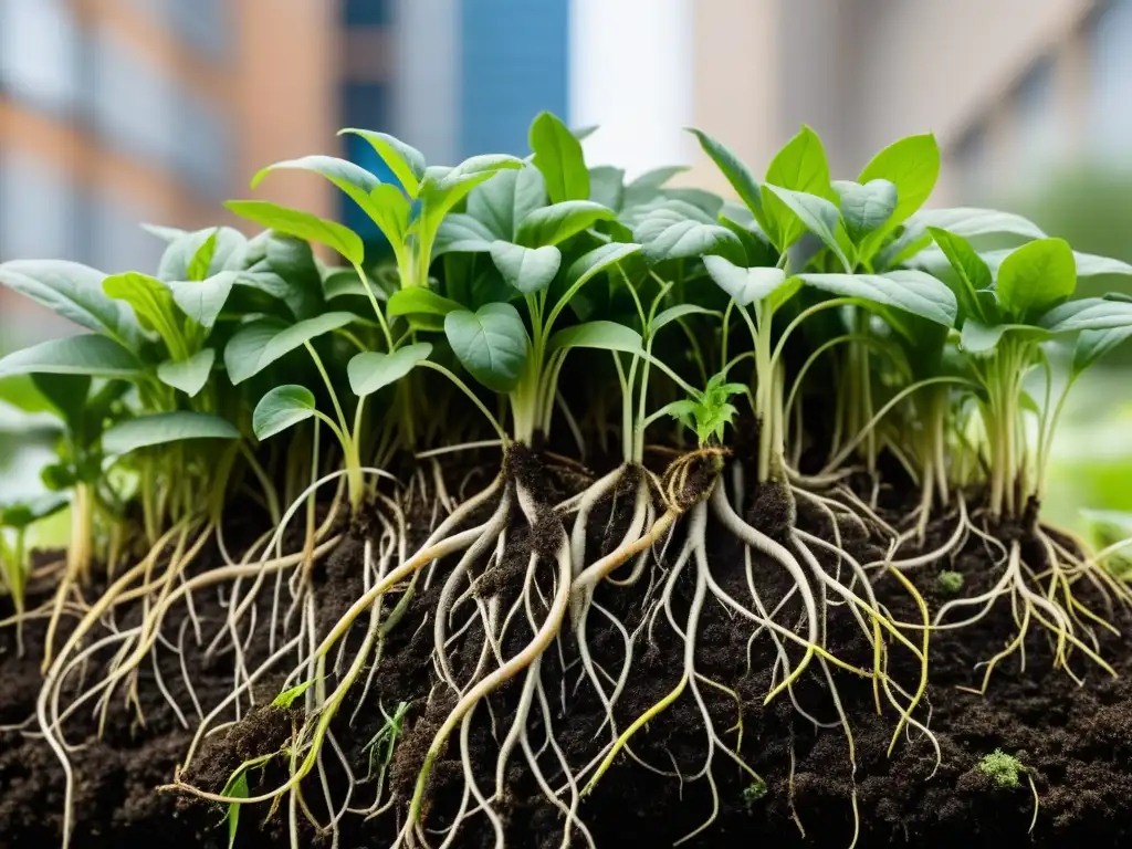 Raíces saludables de plantas en agricultura urbana, entrelazadas con microorganismos beneficiosos, mostrando simbiosis