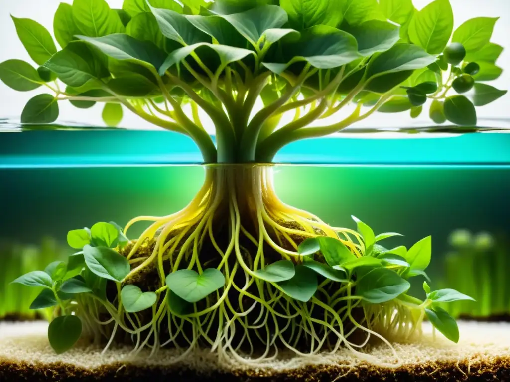 Raíces de plantas acuapónicas: absorción efectiva de magnesio Raíces sanas mejoran absorción magnesio cultivos acuapónicos, con agua clara y hojas verdes vibrantes iluminadas por luz natural