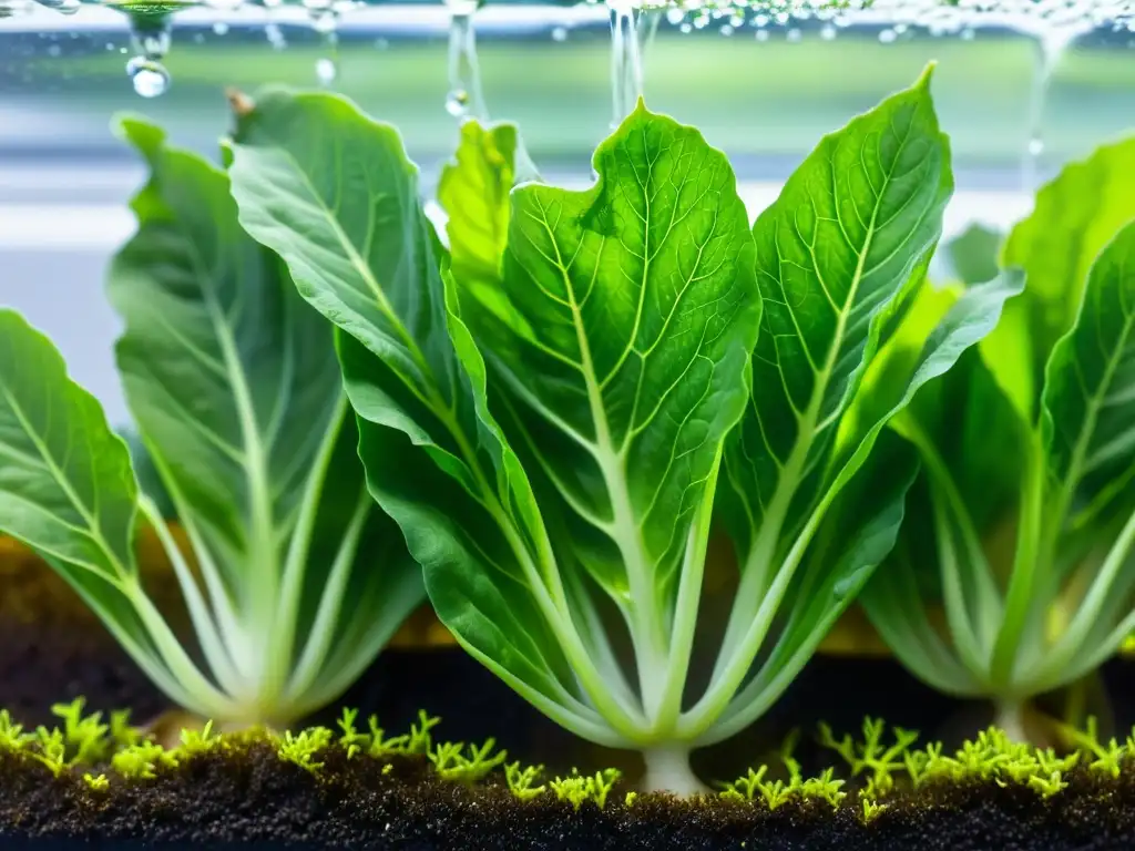 Raíces verdes de lechuga en acuaponía, mostrando la relación entre luz, nutrientes y crecimiento de plantas