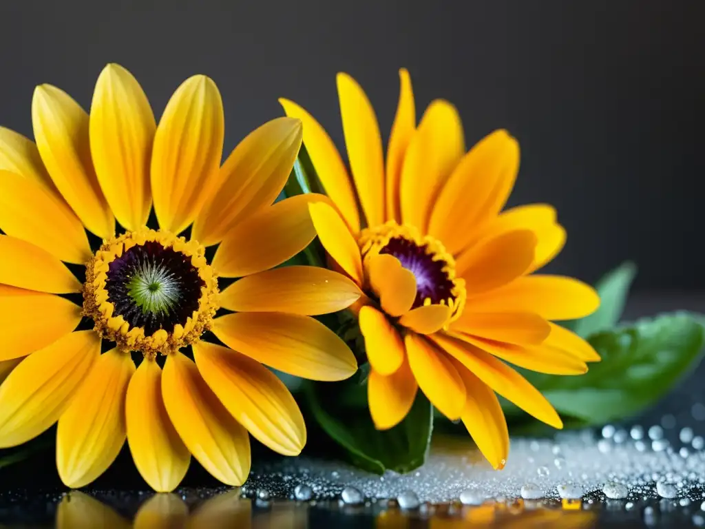 Un ramo vibrante de flores de caléndula y capuchina recién cortadas, con gotas de rocío, realza la cocina gourmet con flores comestibles urbanas