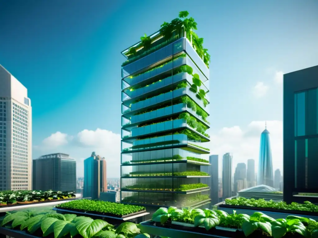 Un rascacielos de agricultura urbana futurista con niveles de vegetación y sistemas avanzados de hidroponía y aeroponía