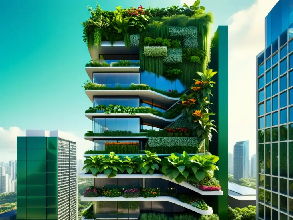 Un rascacielos futurista verde con huertos verticales urbanos y sistemas acuapónicos integrados, creando un oasis sostenible y visualmente impactante