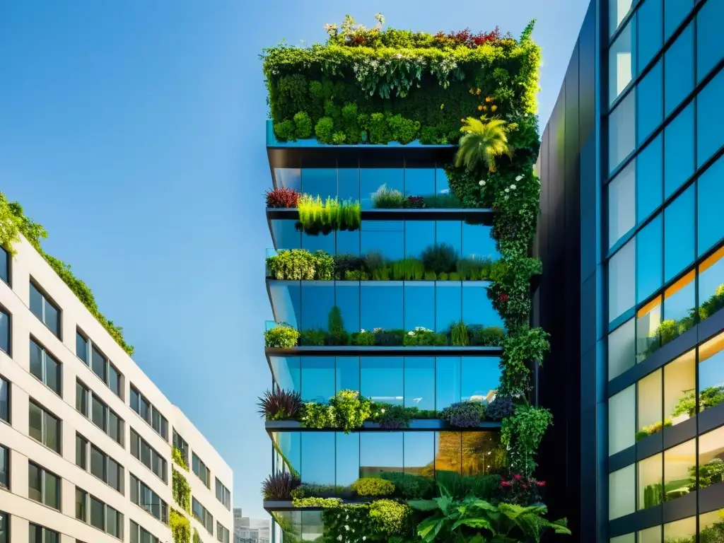 Un rascacielos moderno con exuberantes huertos verticales, simbolizando la integración de la naturaleza en entornos urbanos