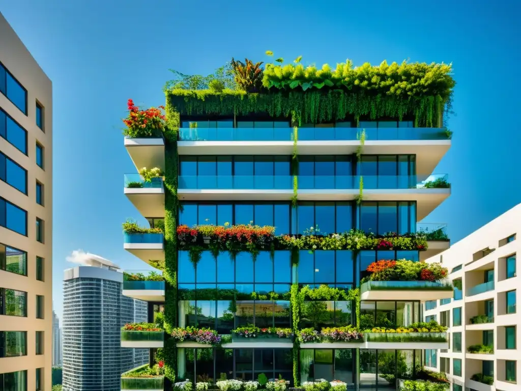 Un rascacielos moderno con huertos verticales, fusionando naturaleza y arquitectura en la ciudad