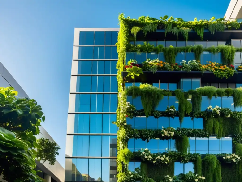 Un rascacielos moderno con huertos verticales en arquitectura moderna, integrando naturaleza y diseño urbano