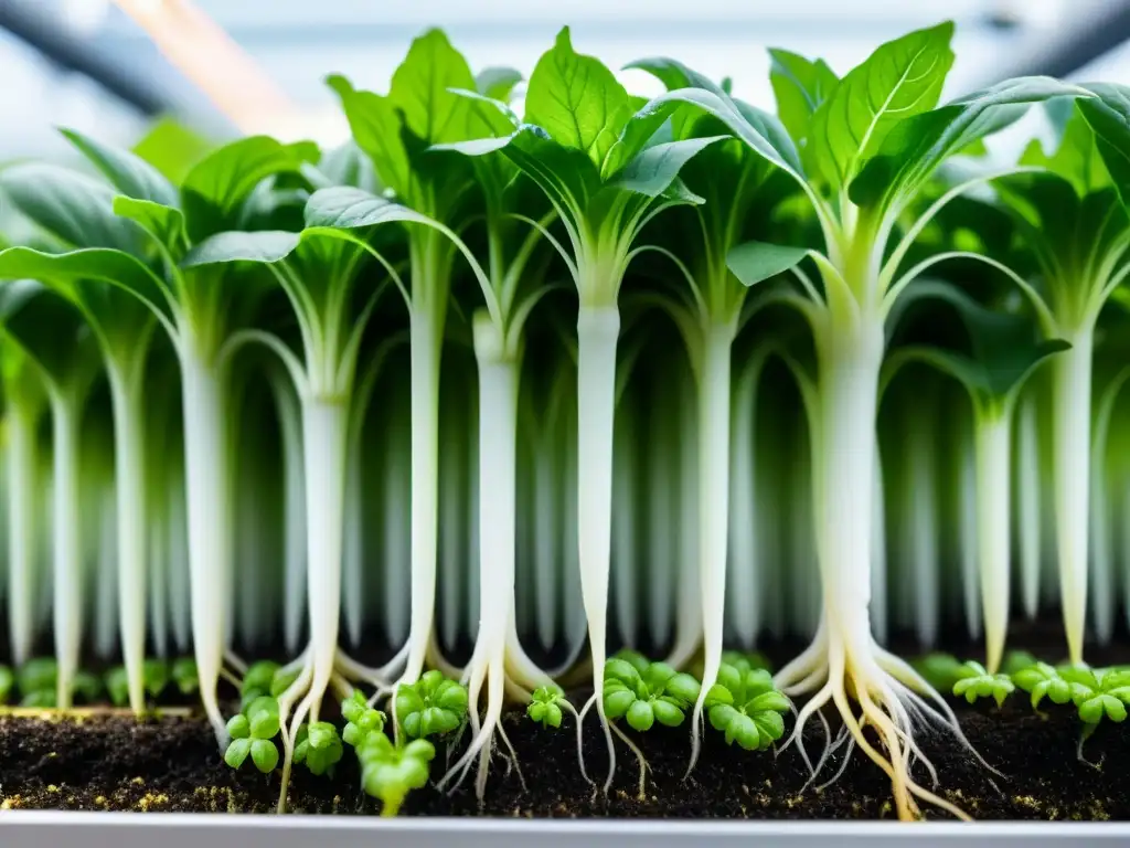 Red de raíces blancas y saludables de planta hidropónica en cultivo vertical, destacando la importancia de la aeración de las raíces