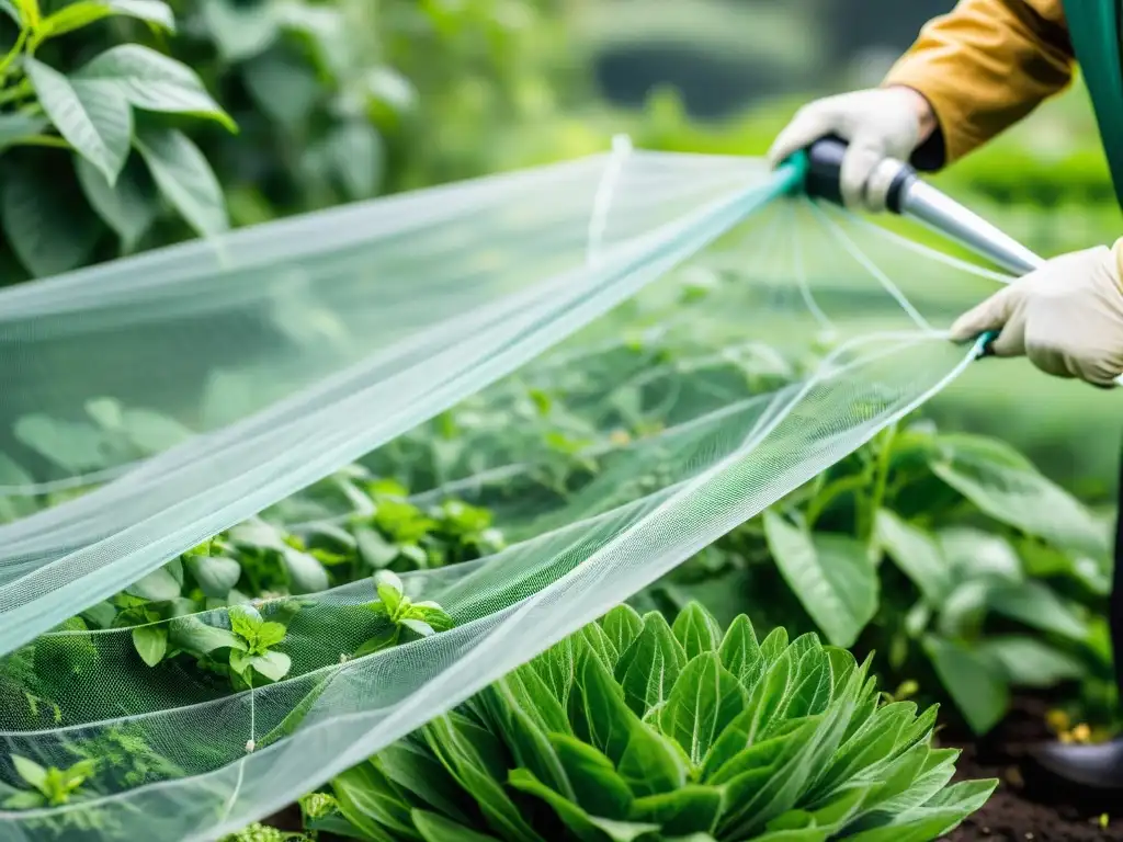 Implementación de redes antiinsectos en jardín moderno, reflejando precisión e innovación