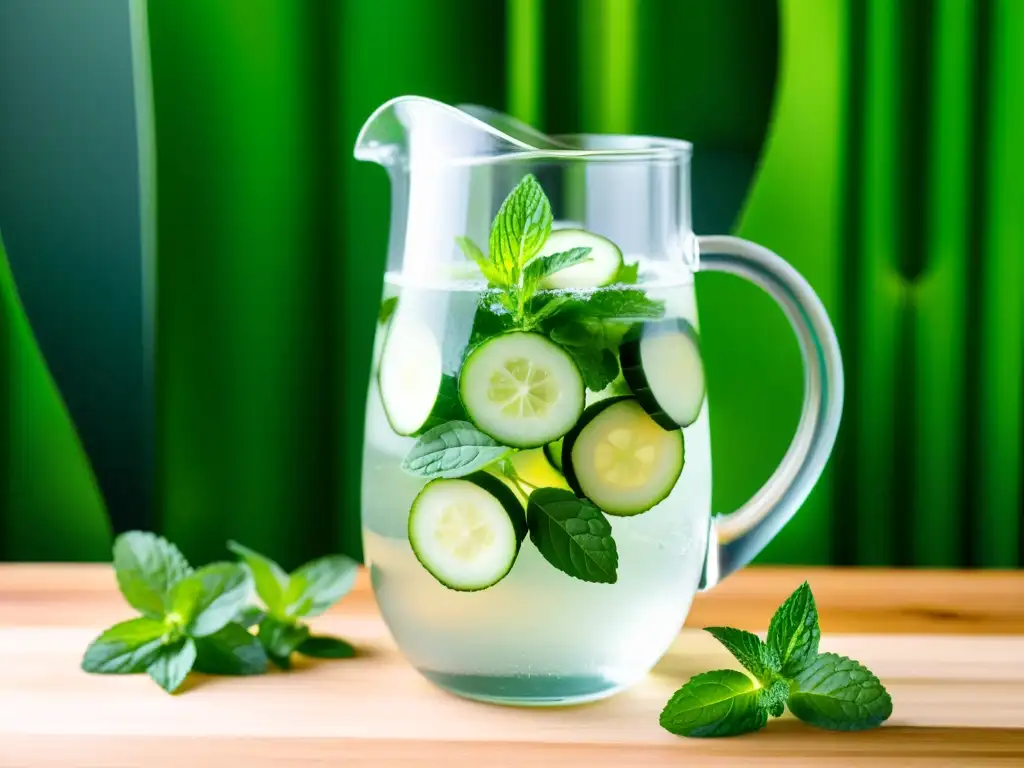 Refrescante agua de pepino y menta en jarra de vidrio sobre mesa de madera con huerto vertical al fondo, maridando alimentos huertos verticales