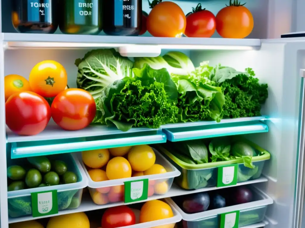 Refrigerador lleno de frutas y verduras orgánicas, perfectamente organizadas en contenedores a prueba de aire