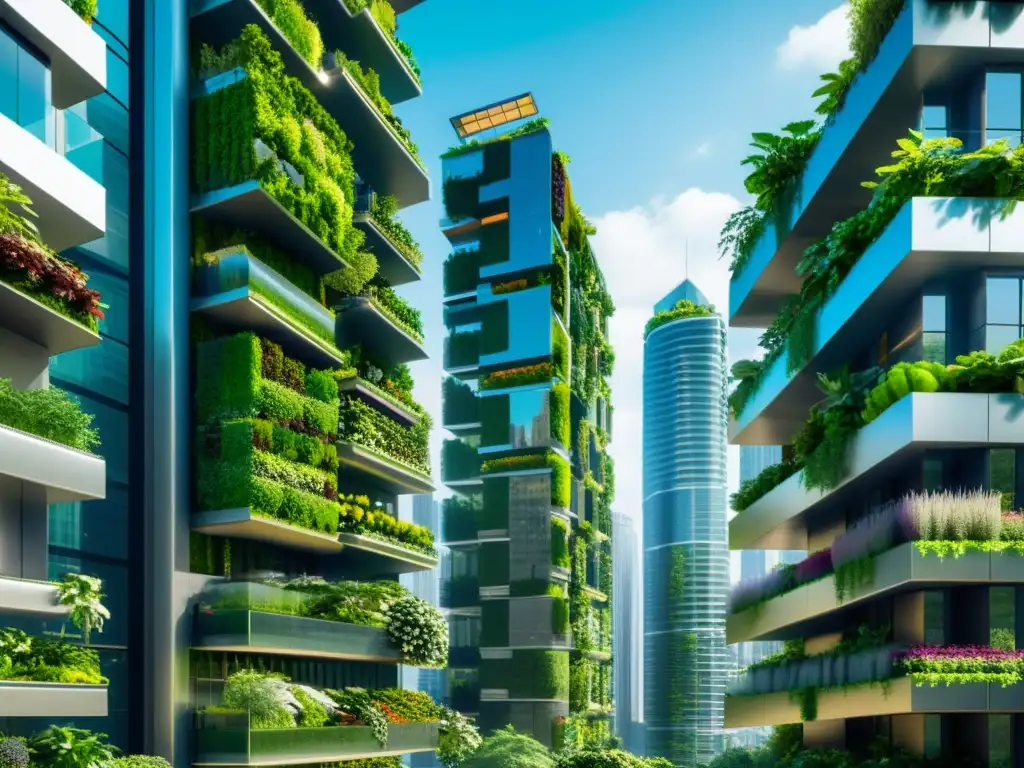 Regulaciones agricultura vertical urbana: Ciudad futurista con rascacielos y jardines verticales, integrando naturaleza y tecnología