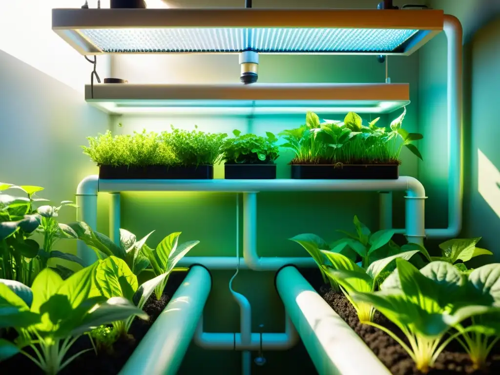 Una relación armoniosa entre luz, nutrientes y el ecosistema acuapónico se muestra en una imagen vibrante y dinámica