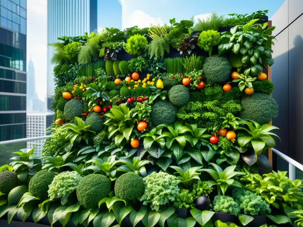Rentabilidad huerto vertical agricultura urbana: Increíble jardín vertical urbano con exuberante vegetación y frutas vibrantes